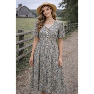 CW Rose Maxi Dress Womens 14 Blue Tan Floral Cottagecore Prairie Romantic VTG